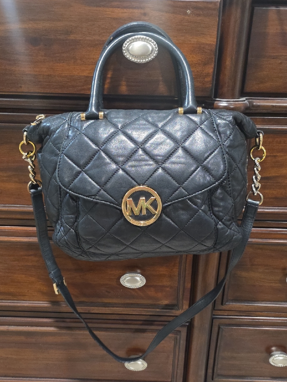 Michael Kors Black Leather Quilted Satchel Shoulder Bag